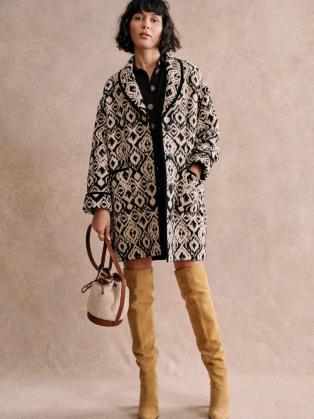 *NWT* [Sezane] Henri Coat in Ecru Jacquard Black, Size 36/S